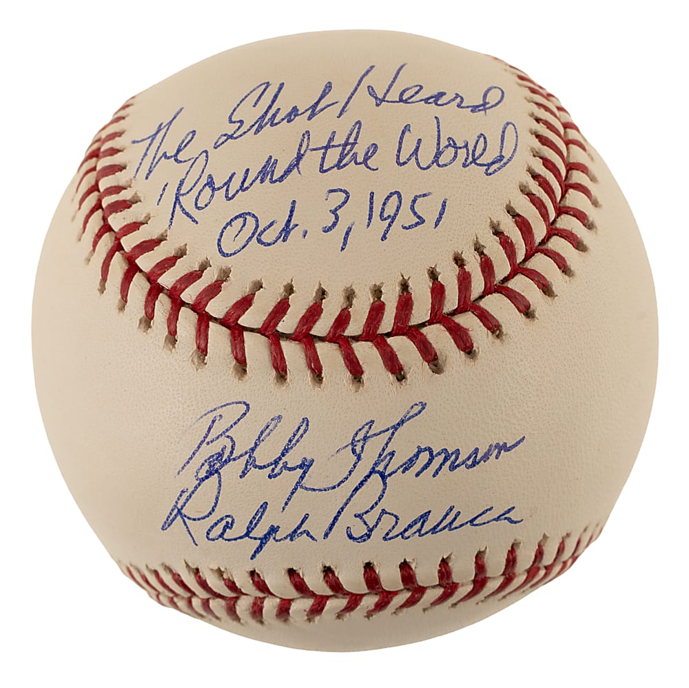 Bobby Thomson and Ralph Branca Dual-Signed Baseball with "The Shot Heard 'Round the World" Inscription - PSA/DNA