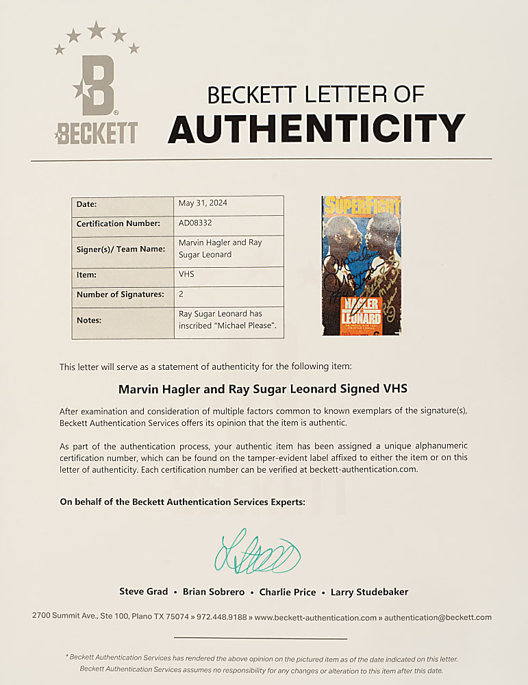 Marvin Hagler and Sugar Ray Leonard Dual-Signed SuperFight VHS Tape - Beckett