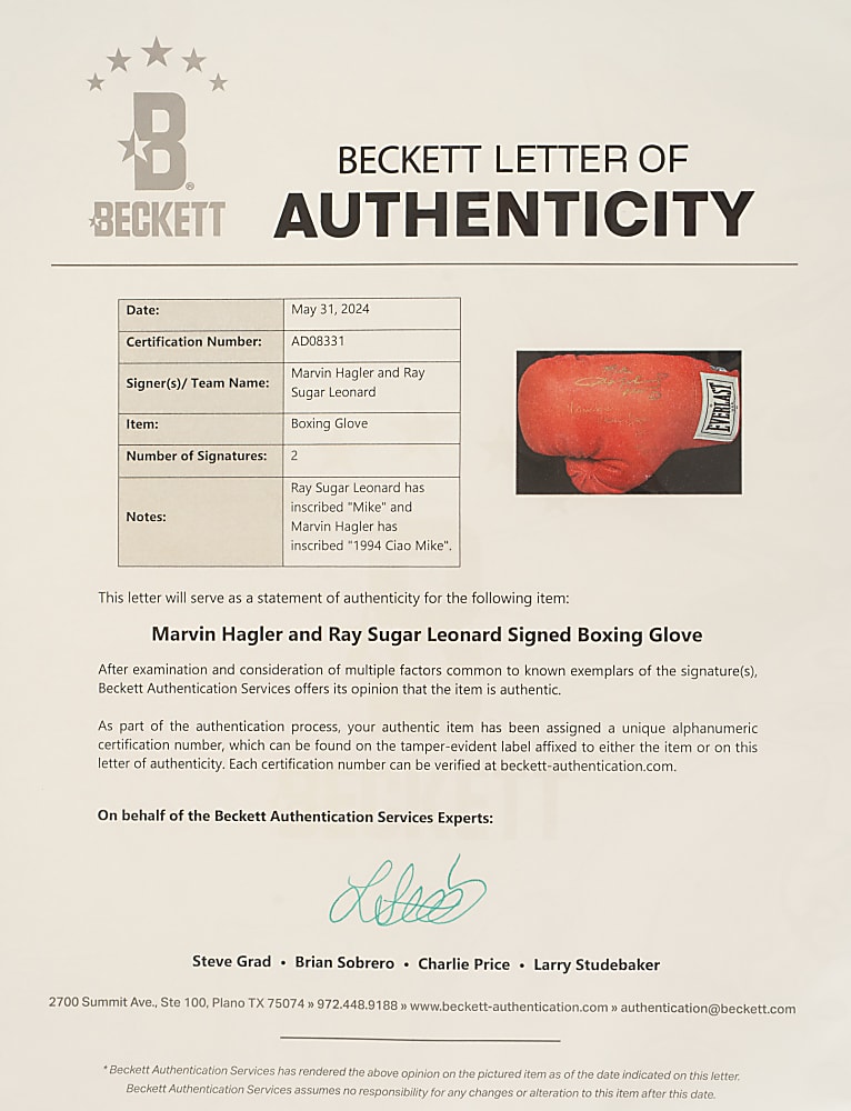 Marvin Hagler and Sugar Ray Leonard Dual-Signed Boxing Glove - Beckett