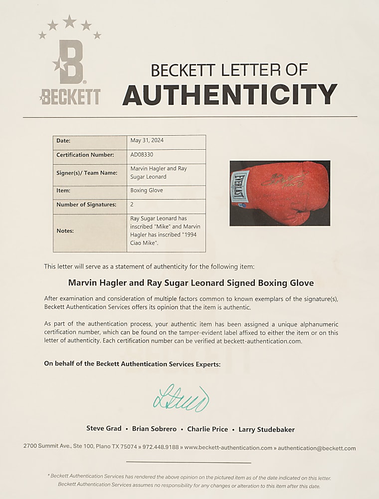 Marvin Hagler and Sugar Ray Leonard Dual-Signed Boxing Glove - Beckett