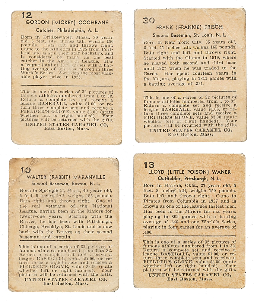 1932 R328 U.S. Caramel Hall of Fame Collection (4): Maranville, Frisch, L. Waner, and Cochrane