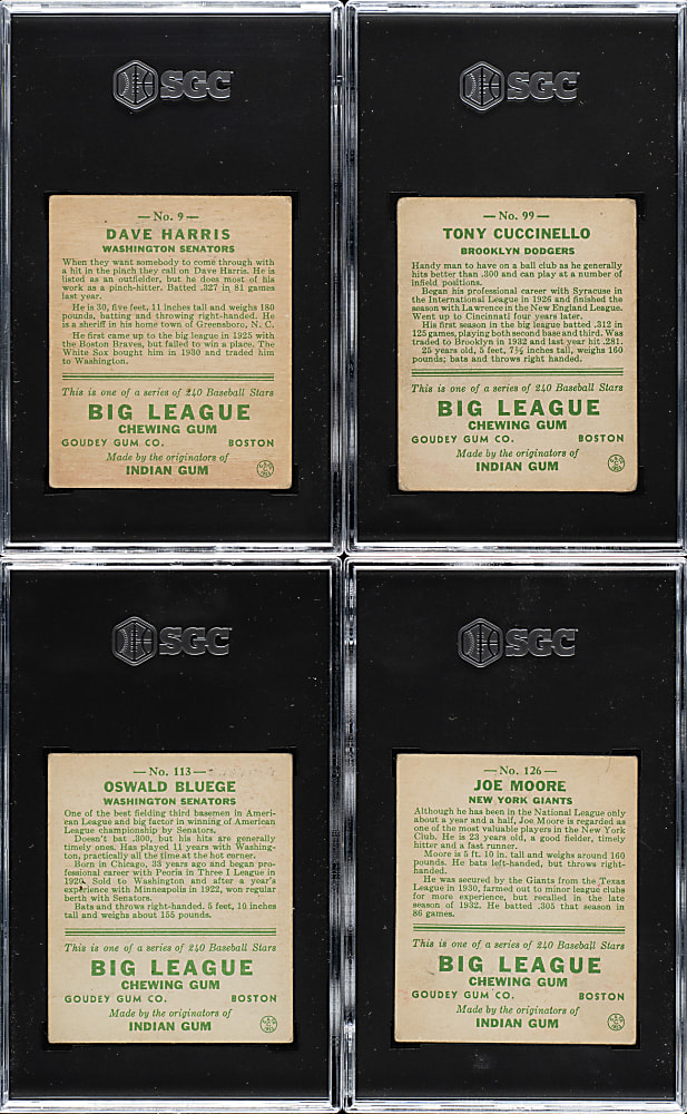 1933 R319 Goudey SGC-Graded Collection (4): Cuccinello, Moore, Harris, and Bluege