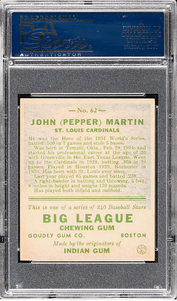 1933 R319 Goudey #62 Pepper Martin PSA EX-MT+ 6.5