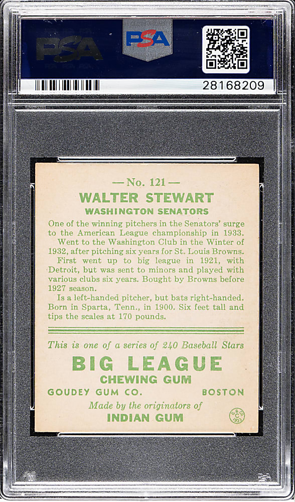 1933 R319 Goudey #121 Walter Stewart PSA EX-MT 6