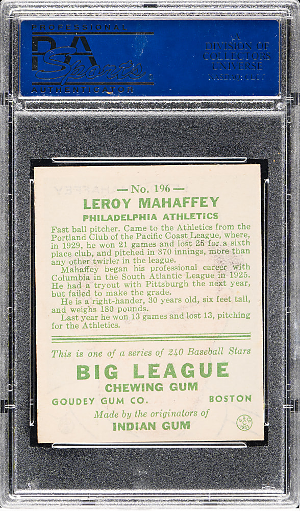 1933 R319 Goudey #196 Leroy Mahaffey PSA EX-MT 6