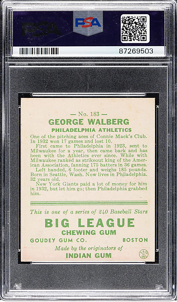 1933 R319 Goudey #183 Rube Walberg PSA EX-MT 6