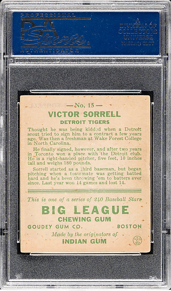 1933 R319 Goudey #15 Victor Sorrell PSA EX 5