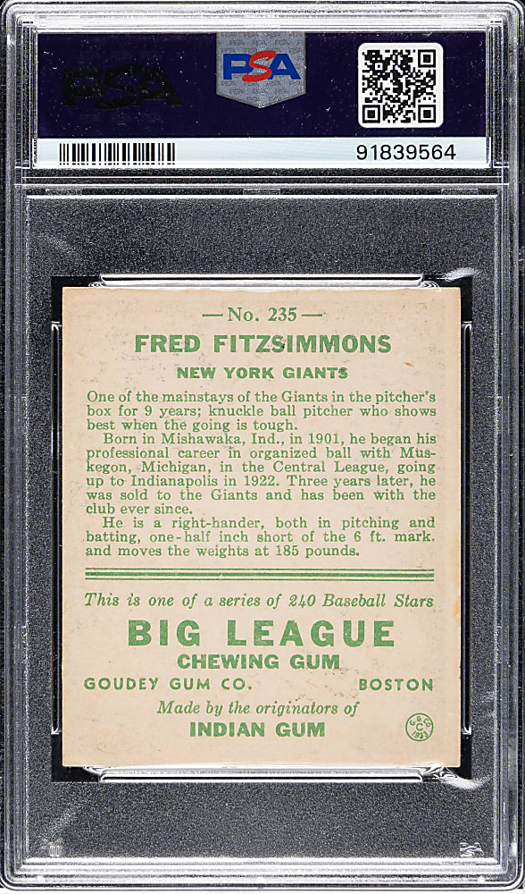 1933 R319 Goudey #235 Fred Fitzsimmons PSA EX 5