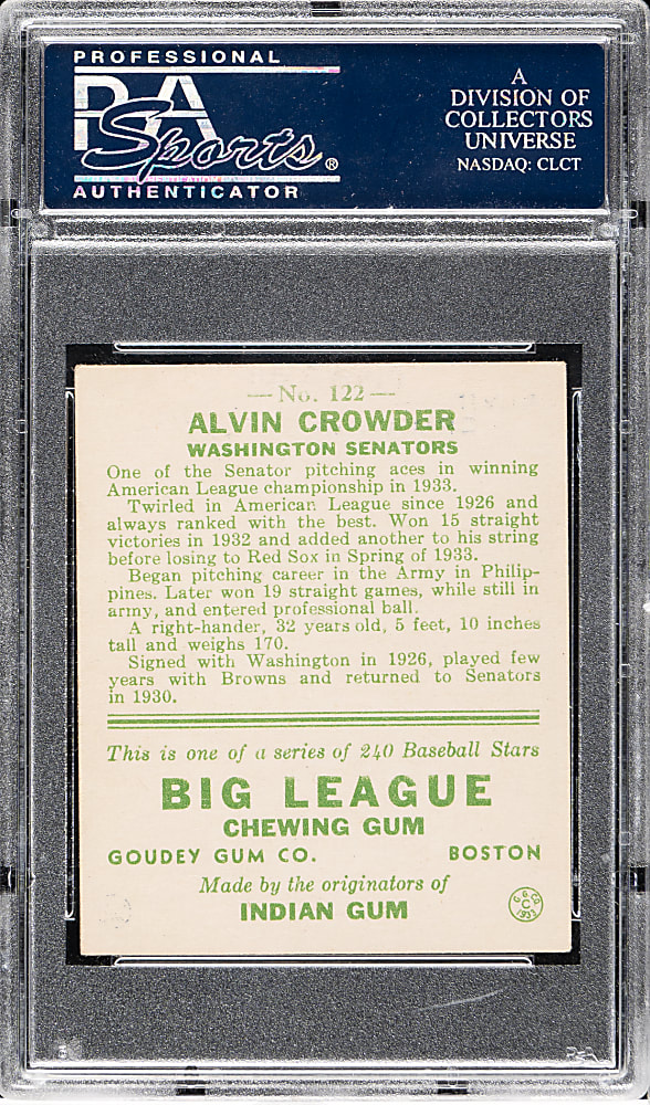 1933 R319 Goudey #122 Alvin Crowder PSA EX 5