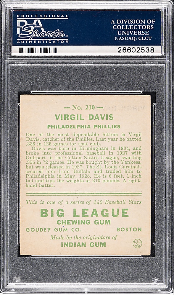 1933 R319 Goudey #210 Virgil Davis PSA EX 5
