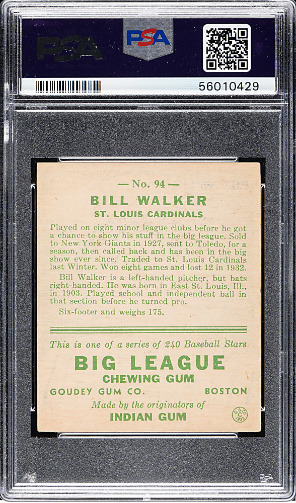 1933 R319 Goudey #94 Bill Walker PSA VG-EX+ 4.5