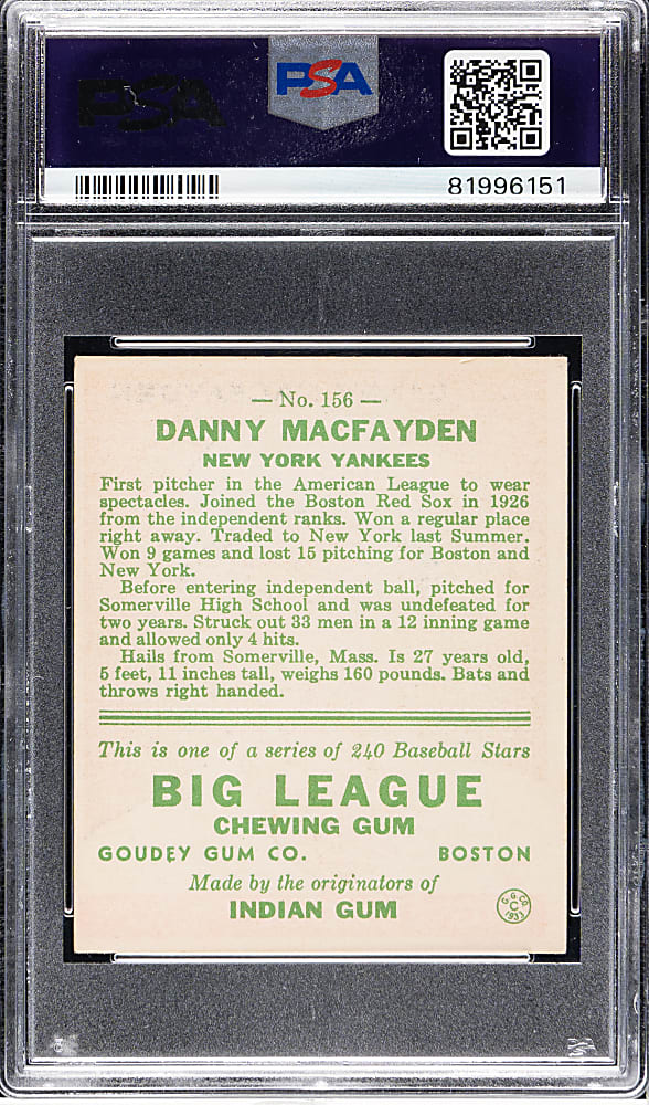 1933 R319 Goudey #156 Danny MacFayden PSA VG-EX+ 4.5