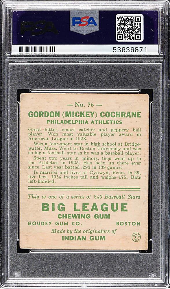 1933 R319 Goudey #76 Mickey Cochrane PSA VG+ 3.5