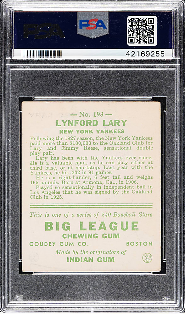 1933 R319 Goudey #193 Lynford Lary PSA VG 3