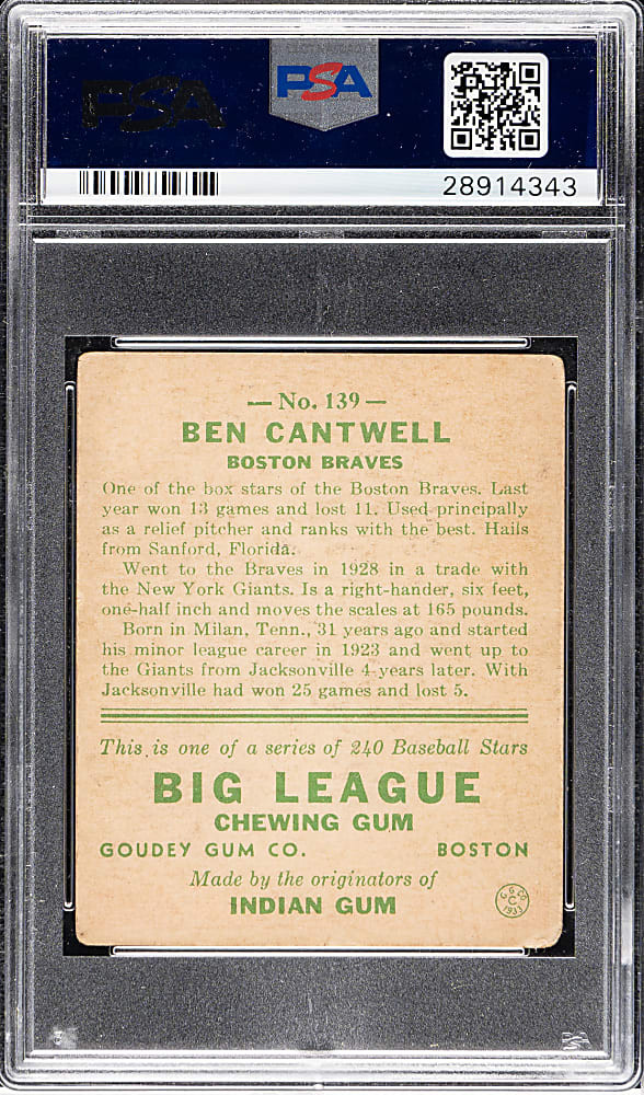 1933 R319 Goudey #139 Ben Cantwell PSA VG 3