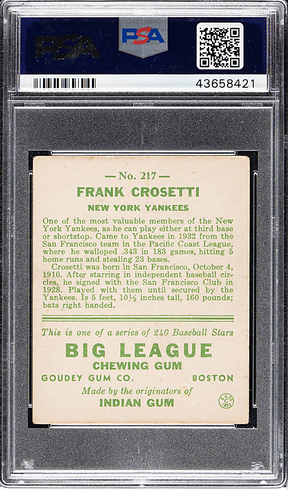 1933 R319 Goudey #217 Frank Crosetti PSA VG 3