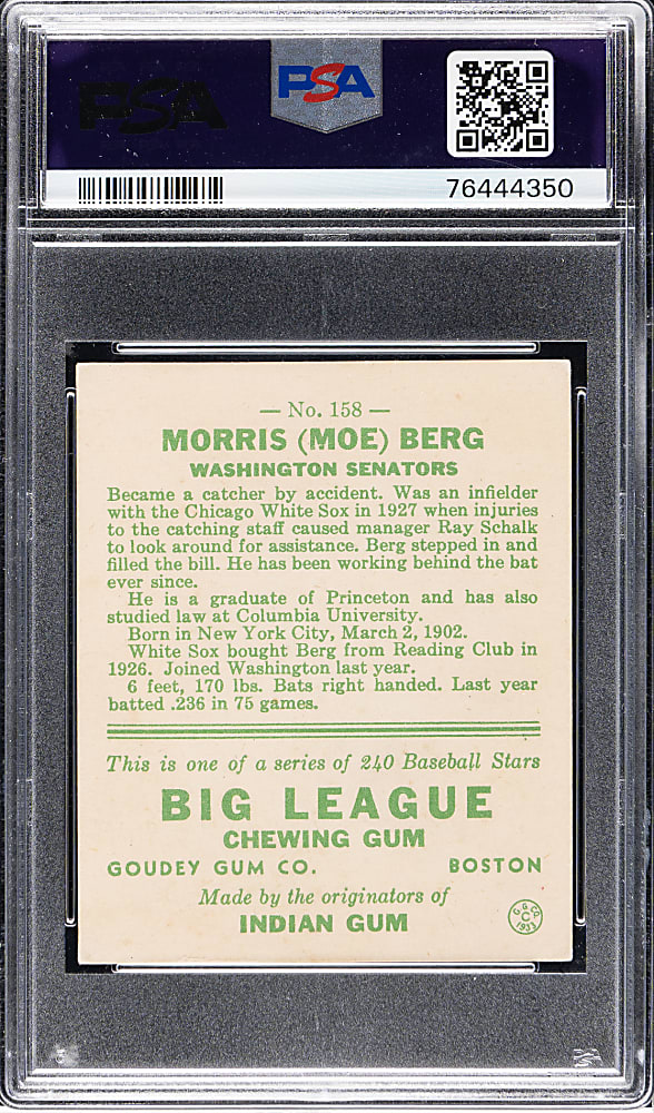 1933 R319 Goudey #158 Moe Berg PSA GOOD+ 2.5