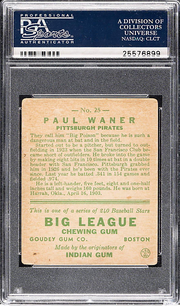 1933 R319 Goudey #25 Paul Waner PSA GOOD+ 2.5