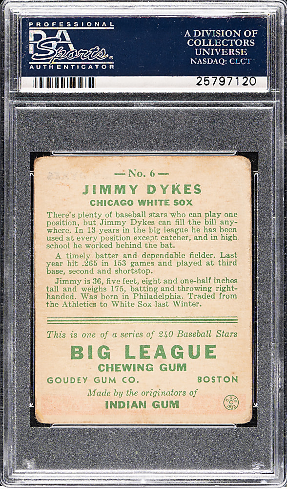 1933 R319 Goudey #6 Jimmy Dykes Age is 36 in Bio PSA GOOD+ 2.5