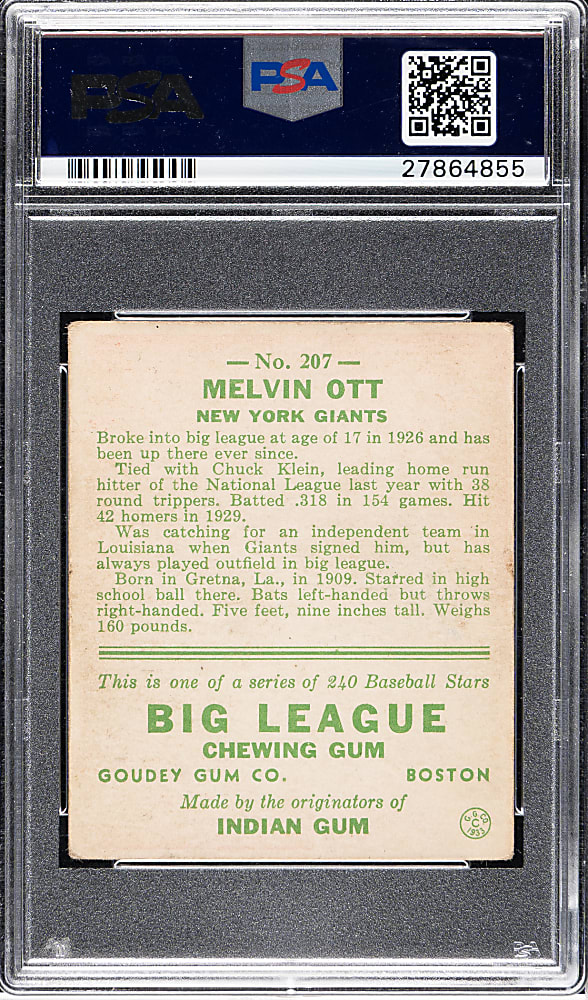 1933 R319 Goudey #207 Mel Ott PSA GOOD+ 2.5