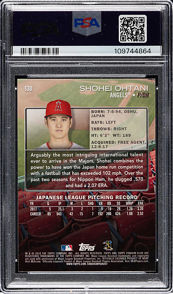 2018 Topps Stadium Club #138 Shohei Ohtani Rookie PSA MINT 9