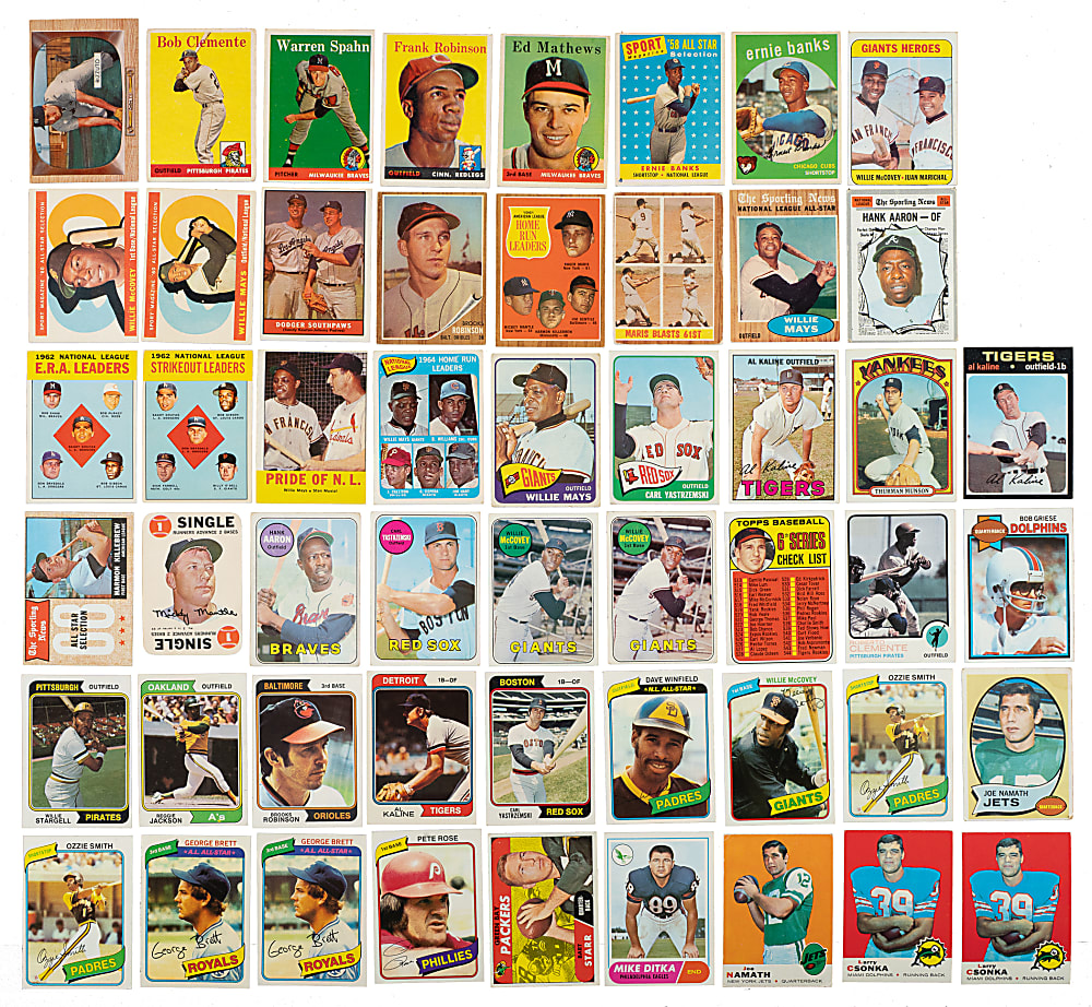 1955 to 1980 Topps and Bowman Baseball and Football Hall of Fame Collection (58) Including Namath, Mays, Aaron, Mantle, Clemente, and two Csonka Rookies