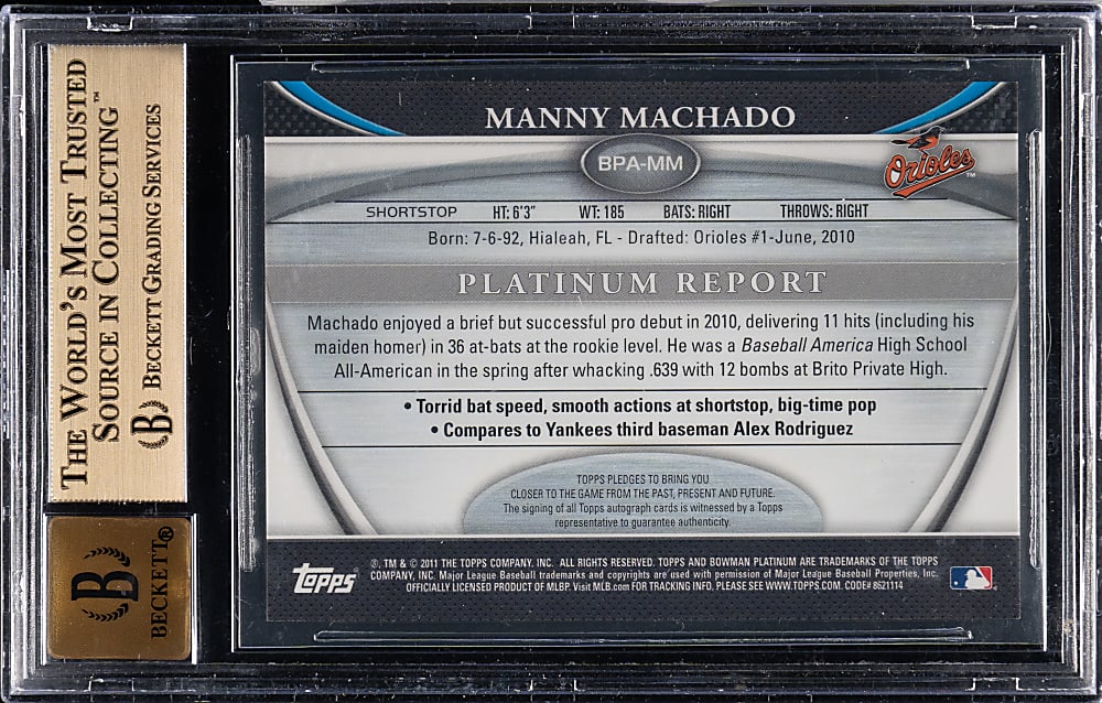 2011 Bowman Platinum Prospect Autographs #BPA-MM Manny Machado BGS GEM MINT 9.5 with GEM MINT 10 Signature