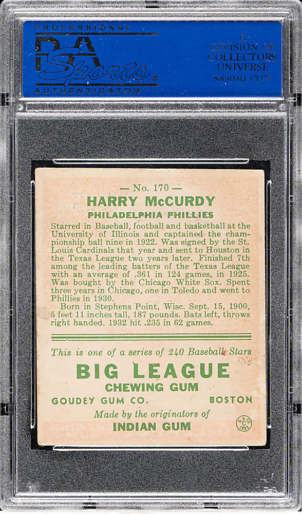 1933 R319 Goudey #170 Harry McCurdy PSA VG-EX 4