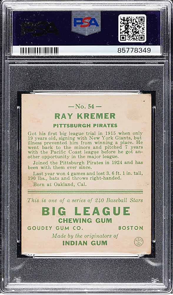 1933 R319 Goudey #54 Ray Kremer PSA VG-EX 4