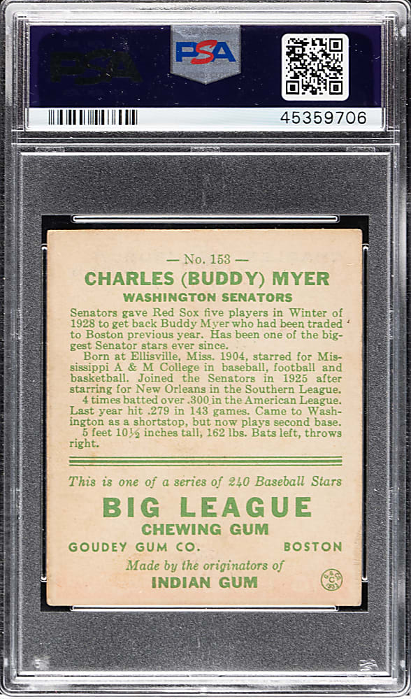 1933 R319 Goudey #153 Buddy Myer PSA VG-EX 4