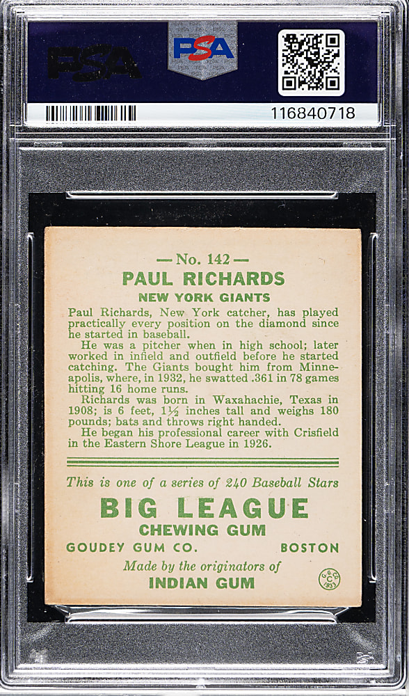 1933 R319 Goudey #142 Paul Richards PSA VG-EX 4