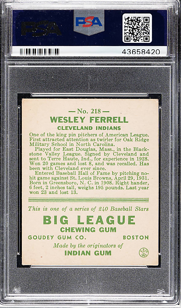 1933 R319 Goudey #218 Wesley Ferrell PSA VG-EX 4