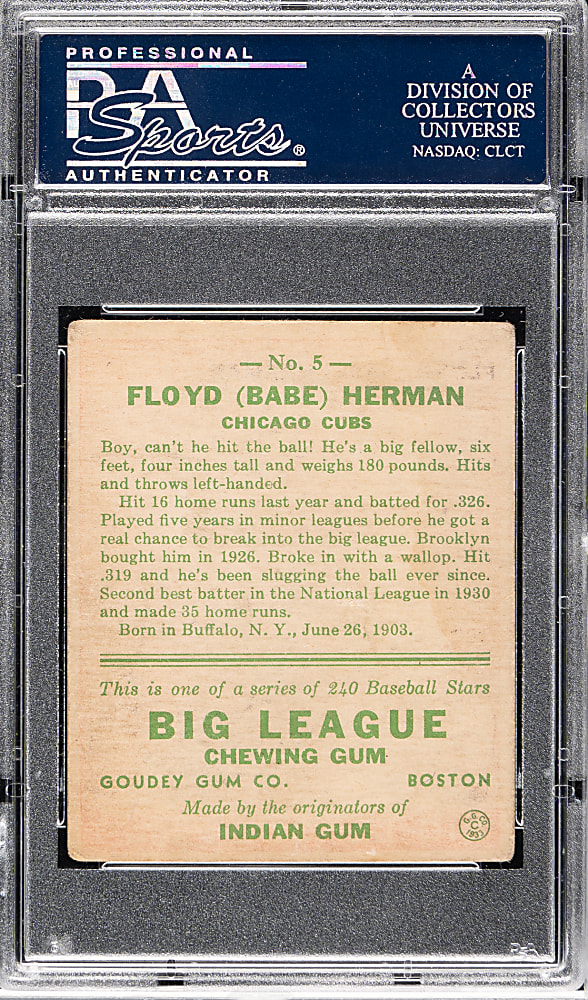 1933 R319 Goudey #5 Babe Herman PSA VG-EX 4