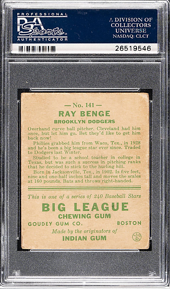 1933 R319 Goudey #141 Ray Benge PSA VG-EX 4