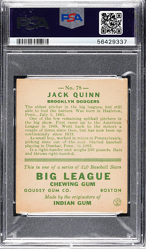 1933 R319 Goudey #78 Jack Quinn PSA VG-EX 4