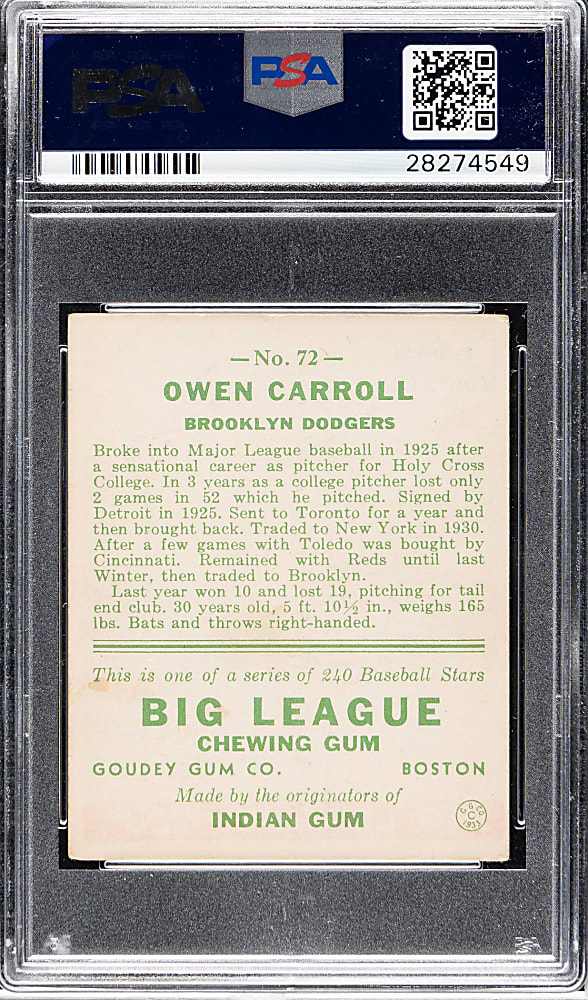 1933 R319 Goudey #72 Owen Carroll PSA VG-EX 4