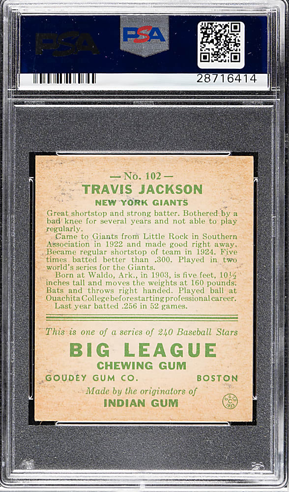 1933 R319 Goudey #102 Travis C. Jackson PSA VG-EX 4