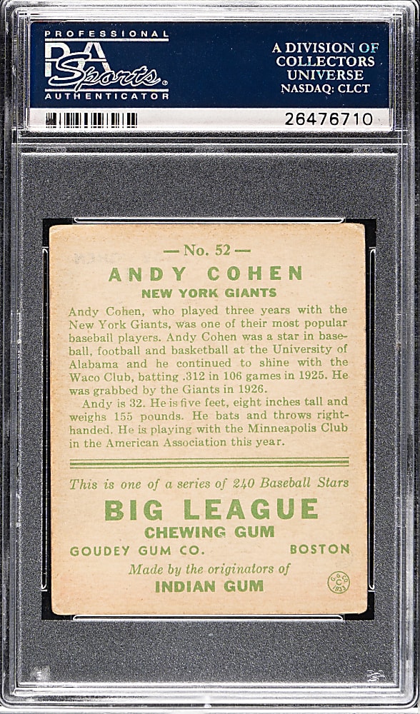 1933 R319 Goudey #52 Andy Cohen PSA VG-EX 4