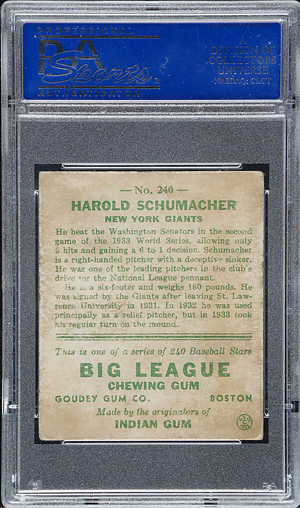 1933 R319 Goudey #240 Harold Schumacher PSA VG-EX 4