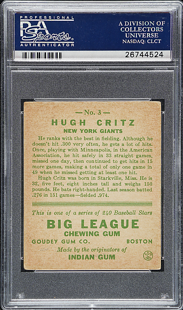 1933 R319 Goudey #3 Hugh Critz PSA VG-EX 4