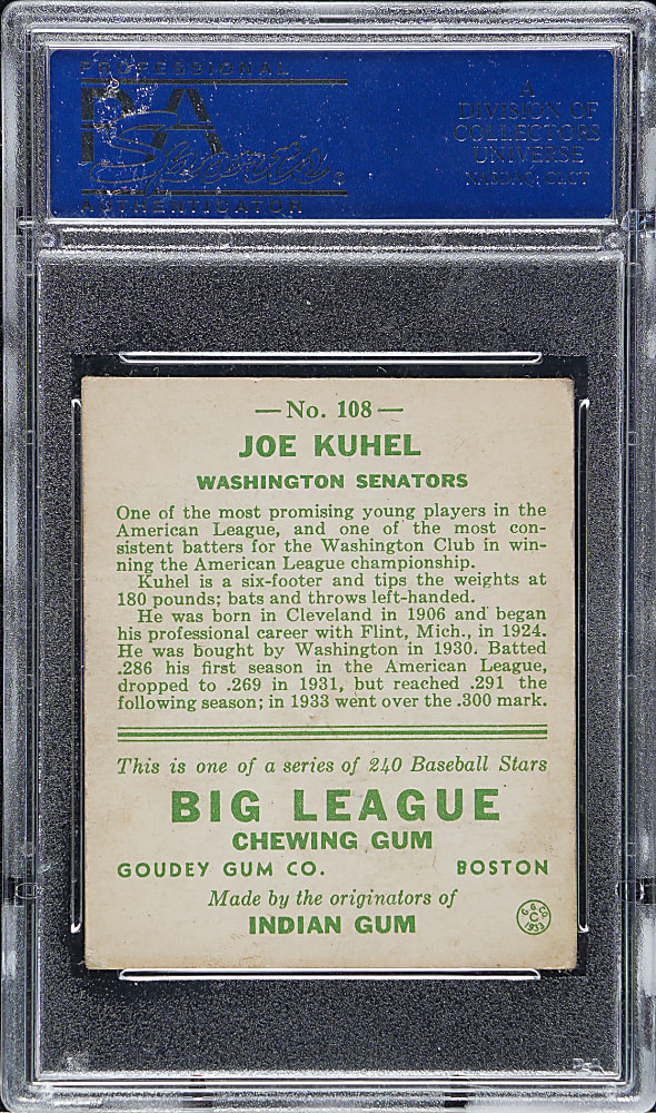 1933 R319 Goudey #108 Joe Kuhel PSA VG-EX 4
