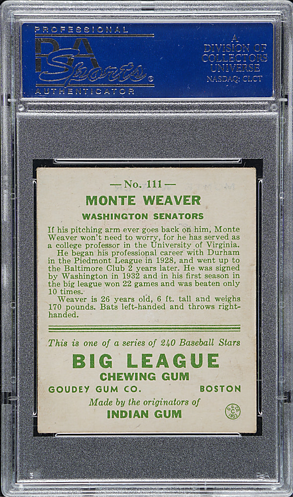 1933 R319 Goudey #111 Monte Weaver PSA VG-EX 4