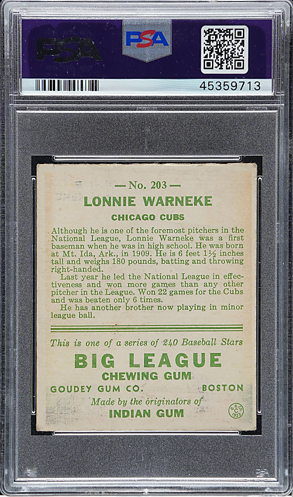 1933 R319 Goudey #203 Lonnie Warneke PSA VG-EX 4