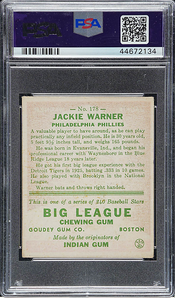 1933 R319 Goudey #178 Jackie Warner PSA VG-EX 4