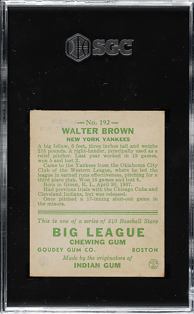 1933 R319 Goudey #192 Walter Brown SGC NM 7