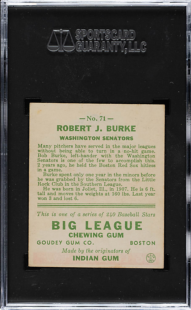 1933 R319 Goudey #71 Robert J. Burke SGC NM 7