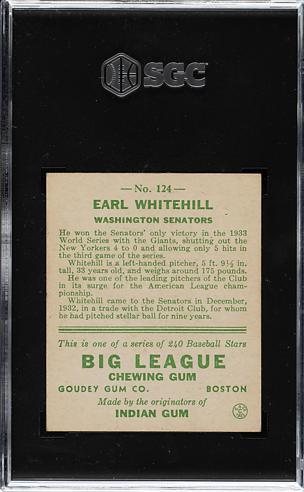 1933 R319 Goudey #124 Earl Whitehill SGC NM 7 (Lionel Carter Collection)