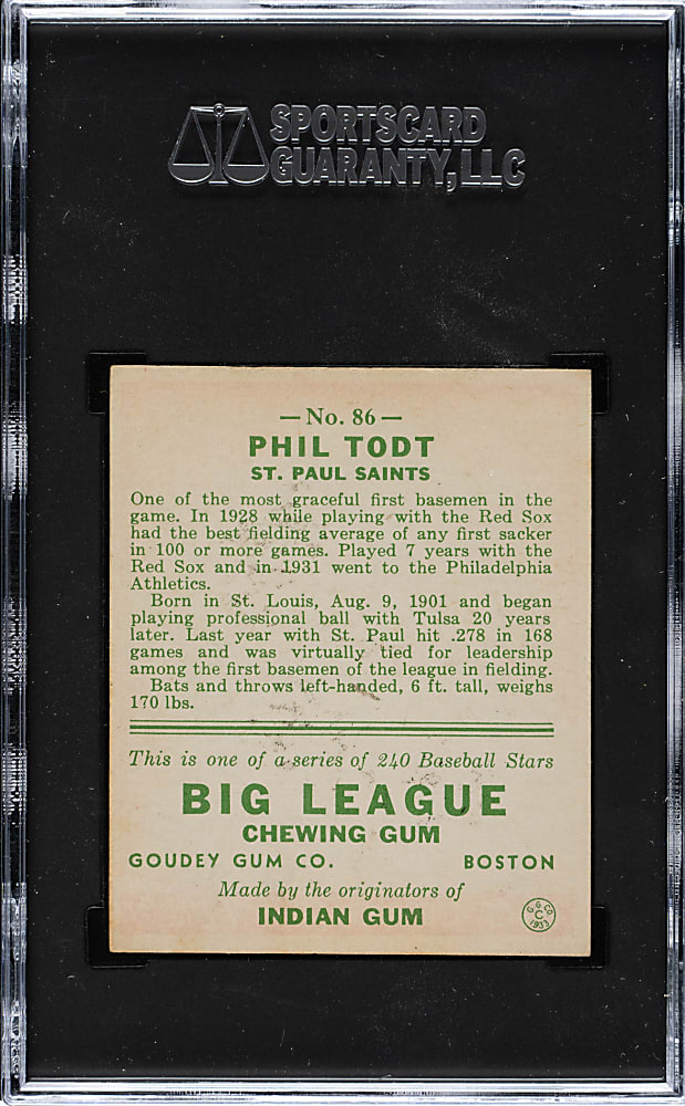 1933 R319 Goudey #86 Phil Todt SGC EX/NM+ 6.5