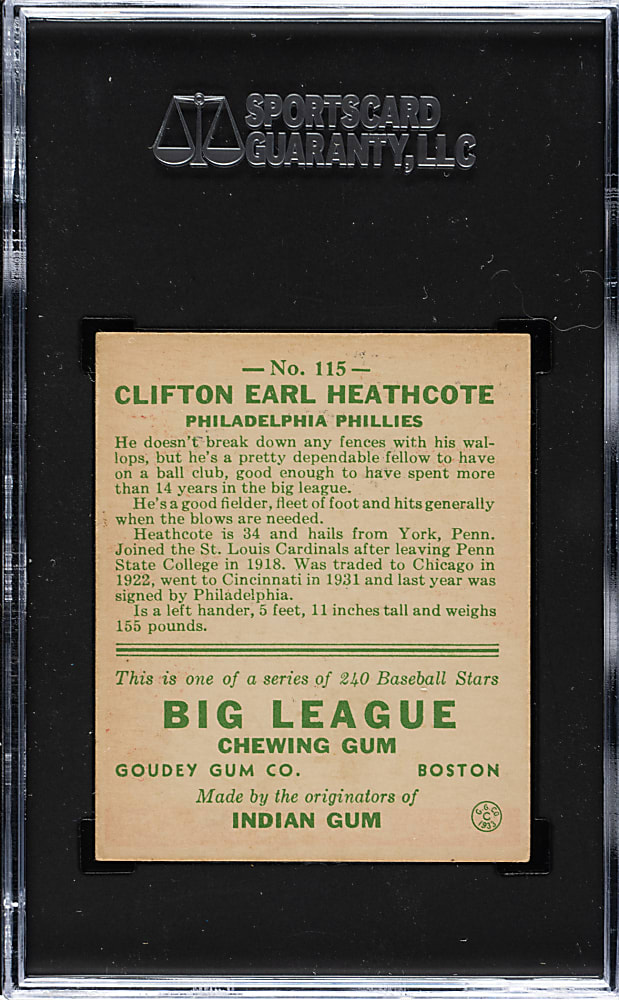 1933 R319 Goudey #15 Cliff Heathcote SGC EX/NM+ 6.5
