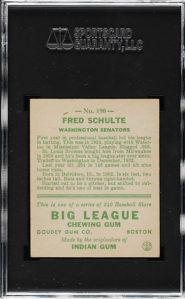 1933 R319 Goudey #190 Fred Schulte SGC EX/NM 6
